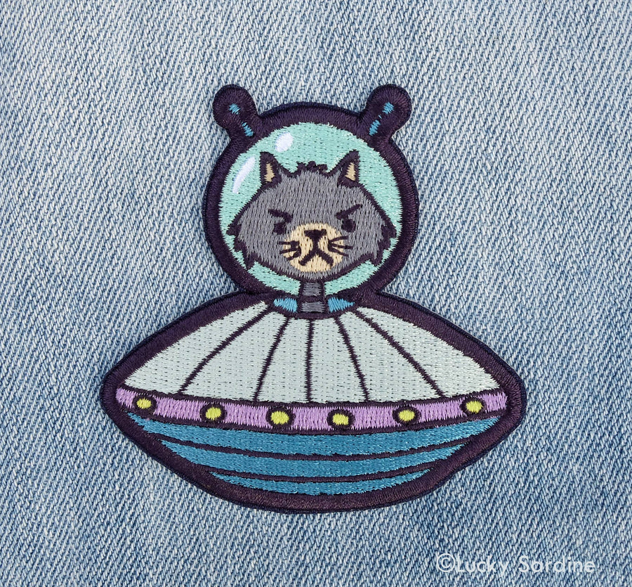 Cat Alien, UFO Spaceship Embroidered Patch