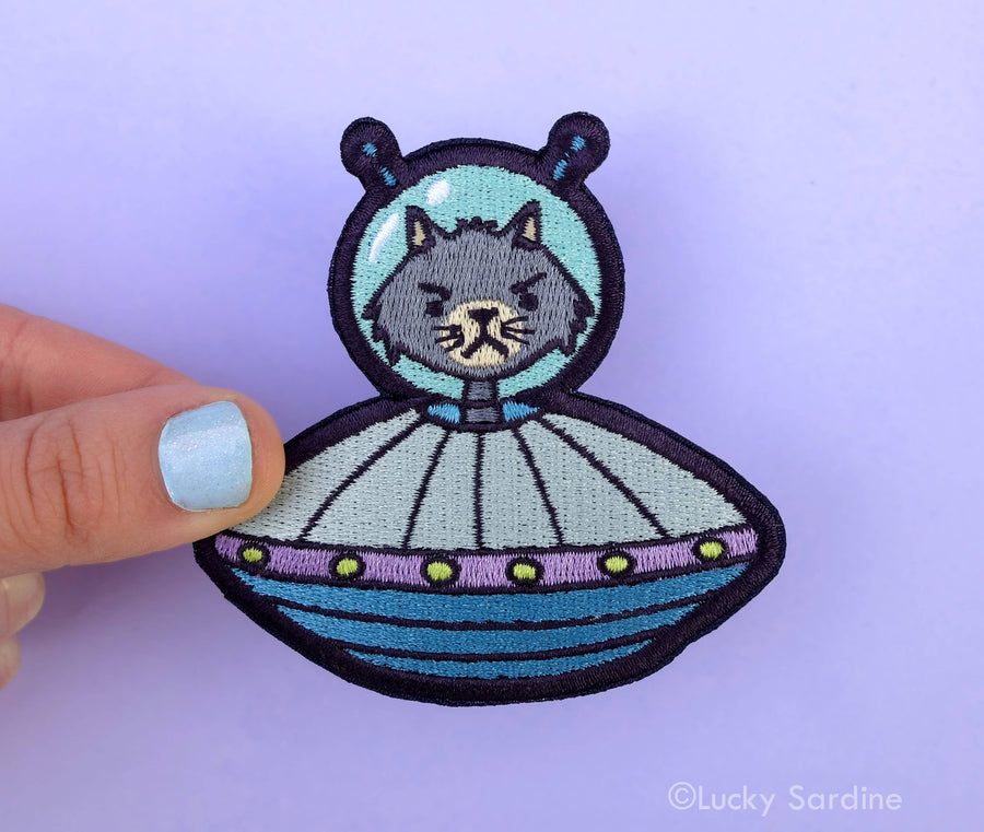 Cat Alien, UFO Spaceship Embroidered Patch