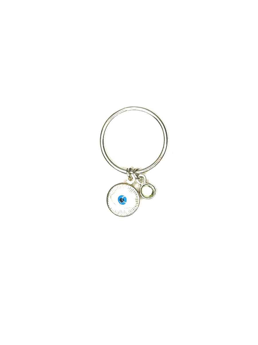 Charm Ring - evil eye charm & green chalcedony charm - recycled silver