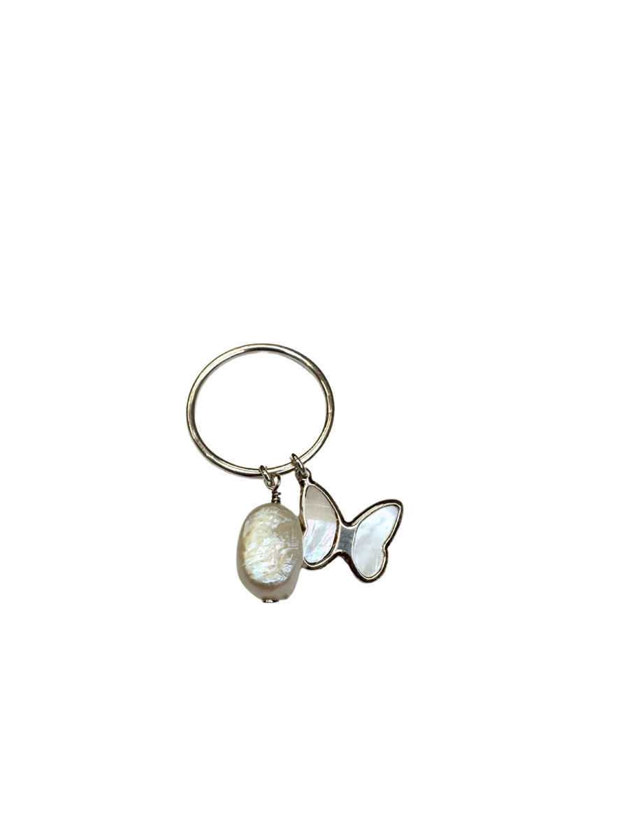 Charm Ring - pearl charm and butterfly charm - recycled silver