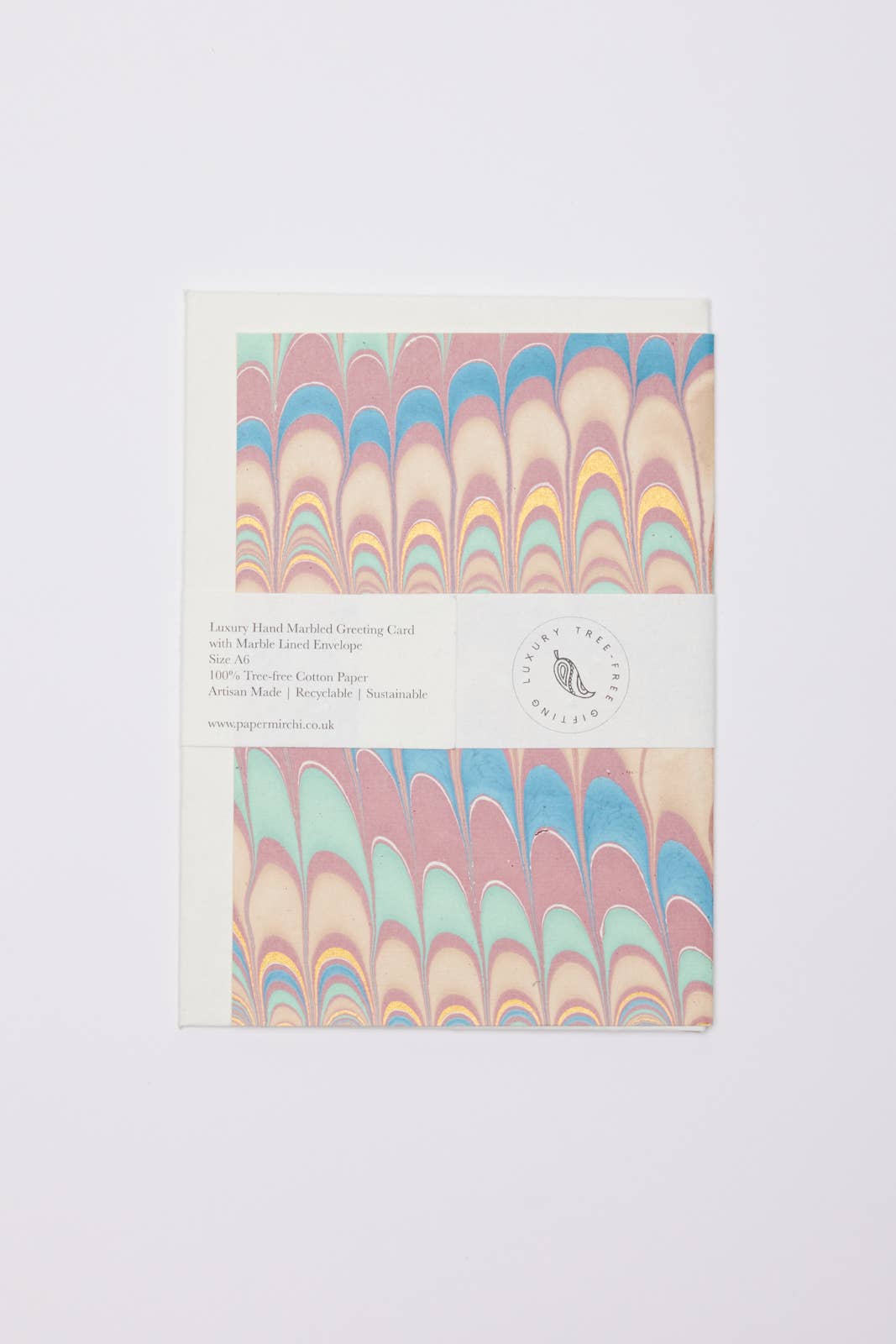 Hand Marbled Greeting Card - Scallops Mint Rose