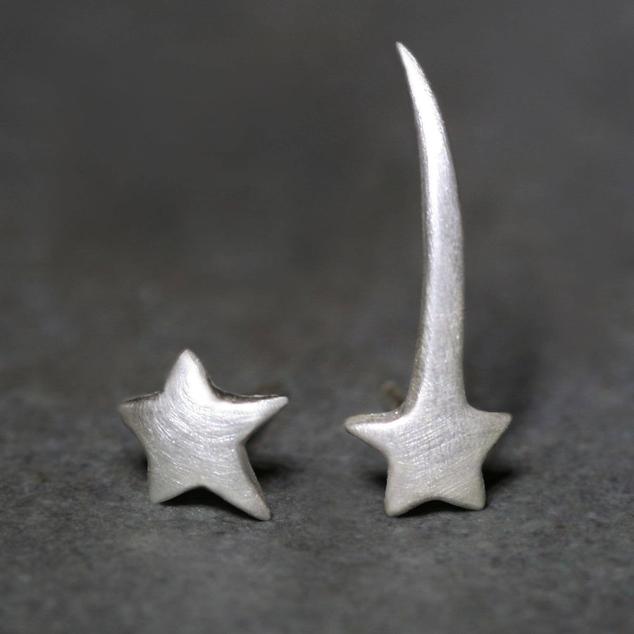 Mismatched Star Ear Climber Earrings - Sterling Silver