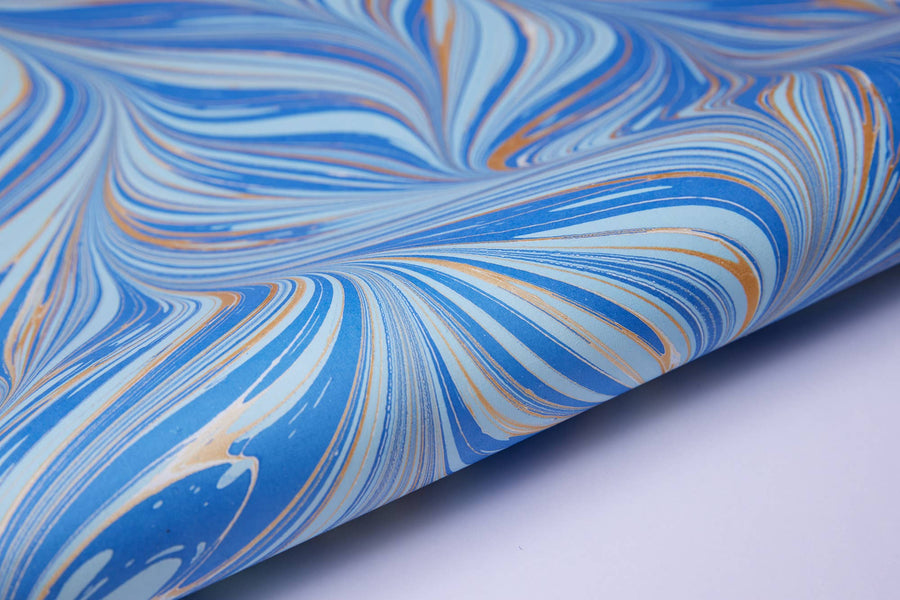 Hand Marbled Gift Wrap Sheets -  Fountain Waves Blue Gold